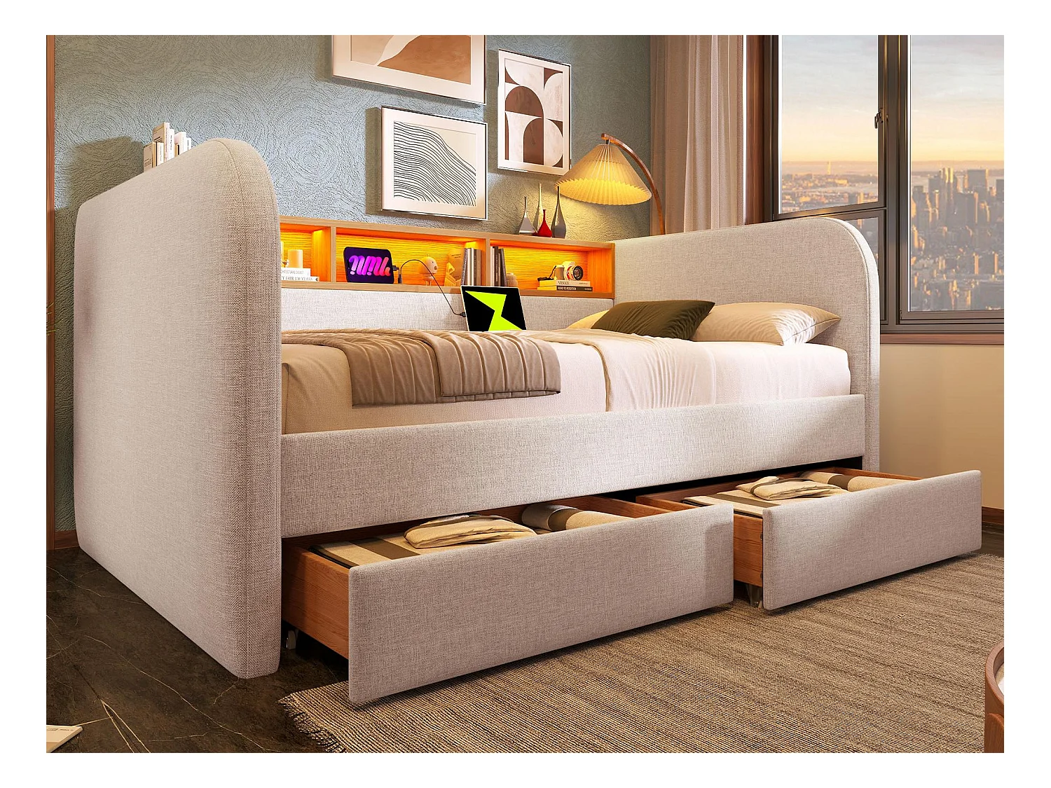 Dagbed met 2 lades - linnenstof - 140x190 cm - met LED en oplaadfunctie - Beige