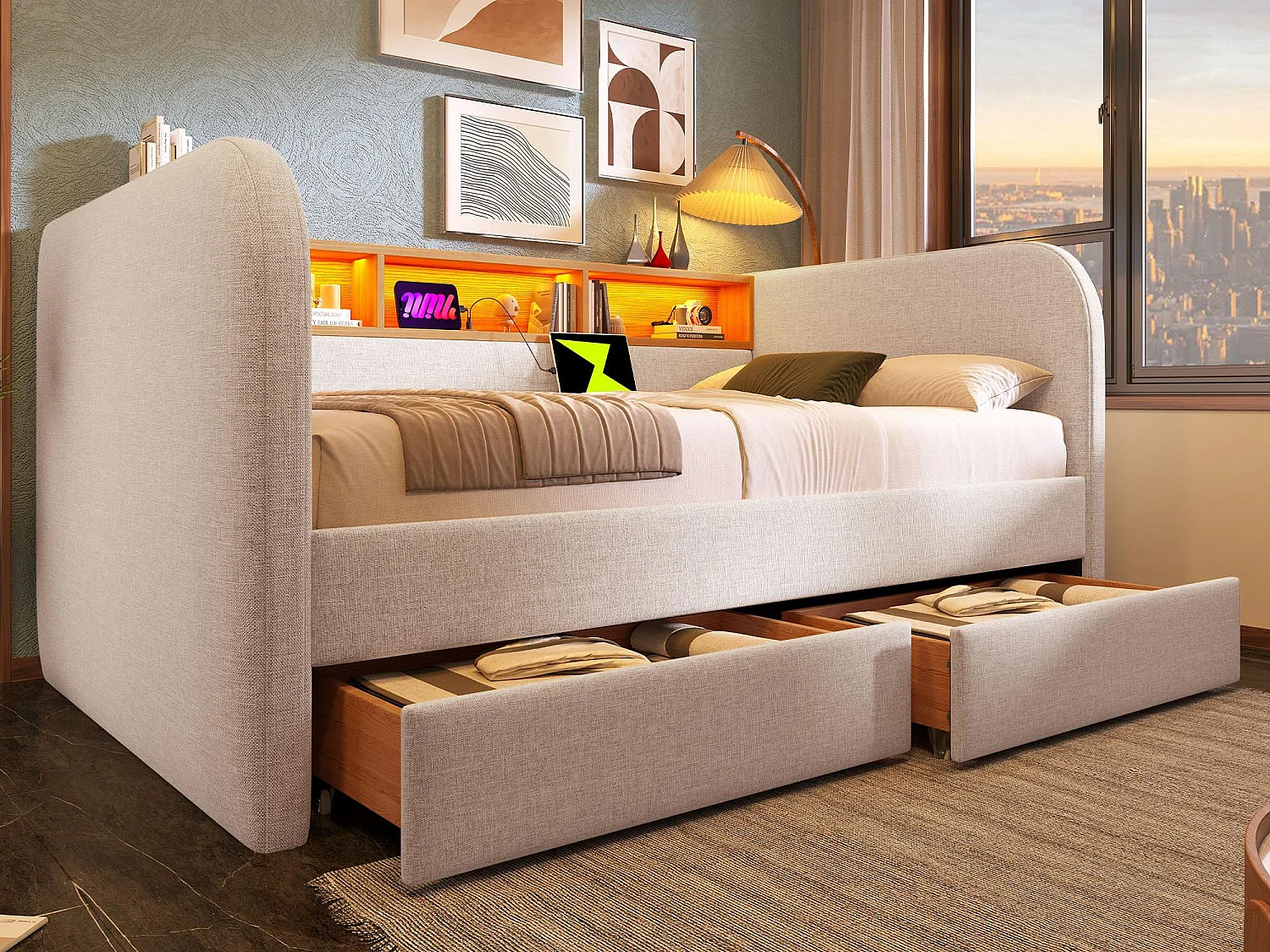 Dormeuse con 2 cassetti - tessuto di lino - 140x190 cm - con LED e funzione di ricarica - Beige