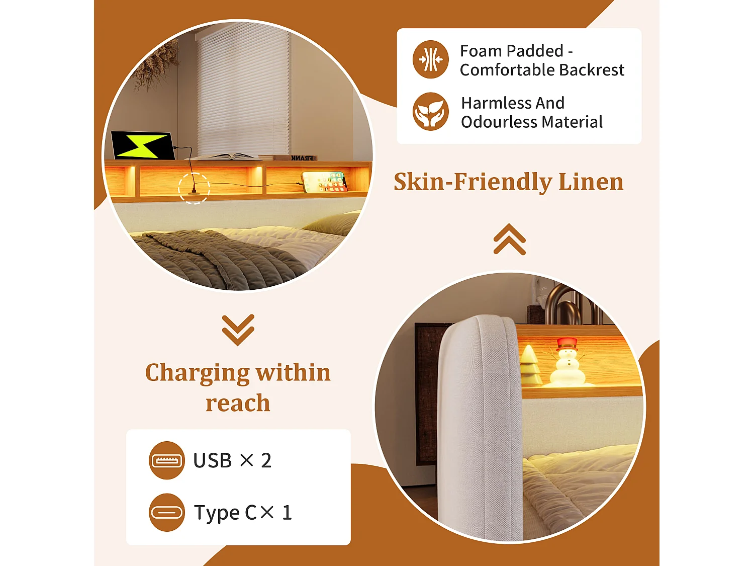 Dormeuse con 2 cassetti - tessuto di lino - 140x190 cm - con LED e funzione di ricarica - Beige