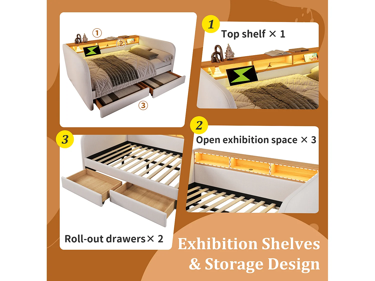 Dormeuse con 2 cassetti - tessuto di lino - 140x190 cm - con LED e funzione di ricarica - Beige