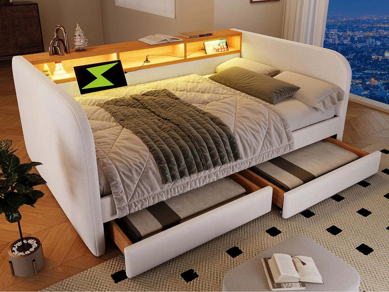 Dagbed met 2 lades - linnenstof - 140x190 cm - met LED en oplaadfunctie - Beige