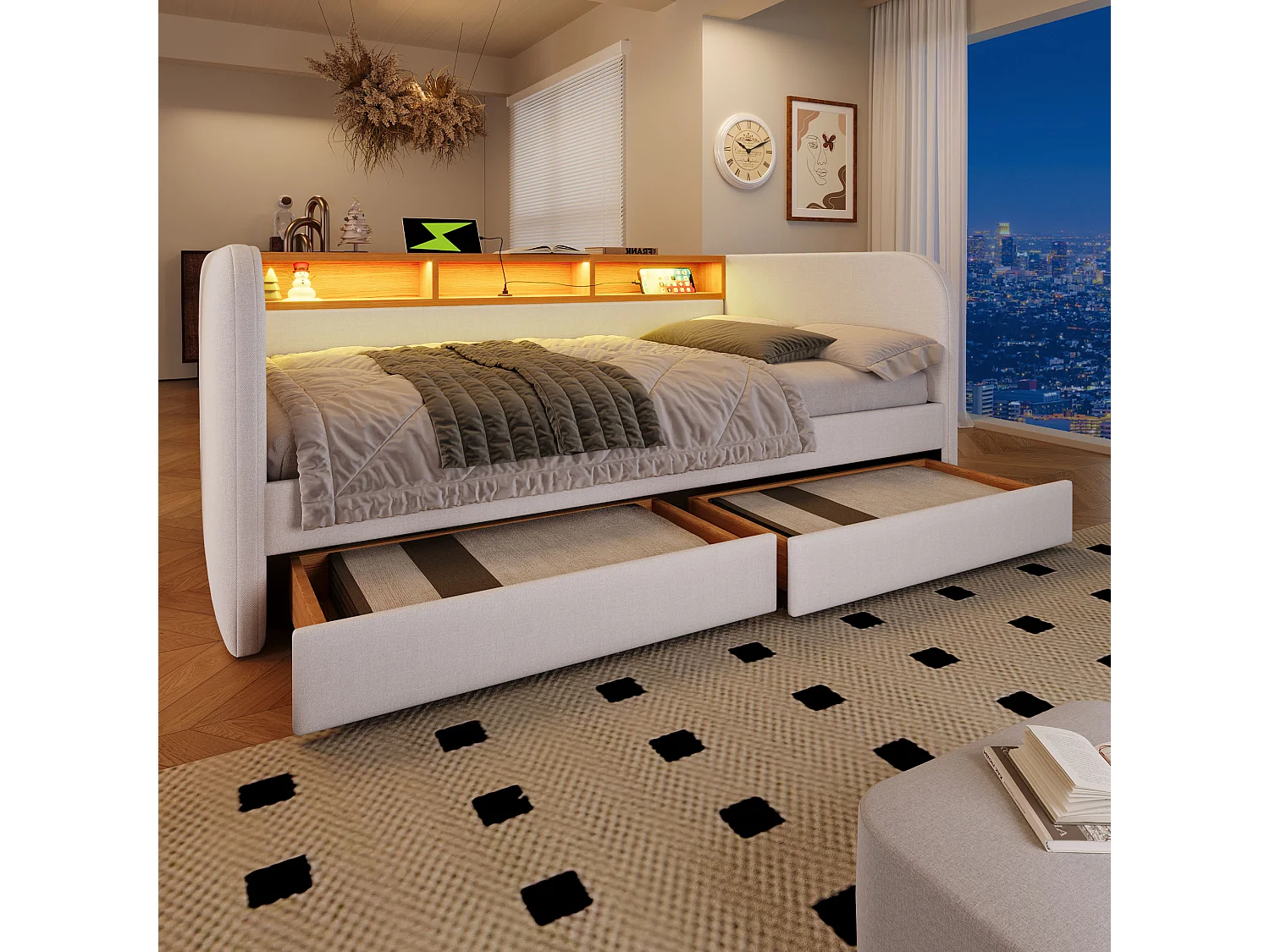 Dagbed met 2 lades - linnenstof - 140x190 cm - met LED en oplaadfunctie - Beige