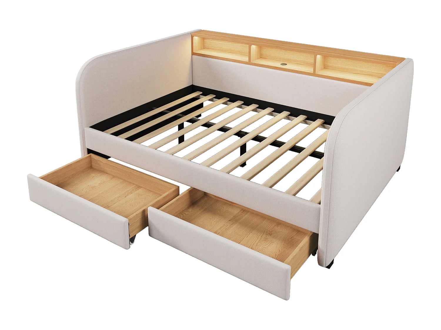 Dagbed met 2 lades - linnenstof - 140x190 cm - met LED en oplaadfunctie - Beige