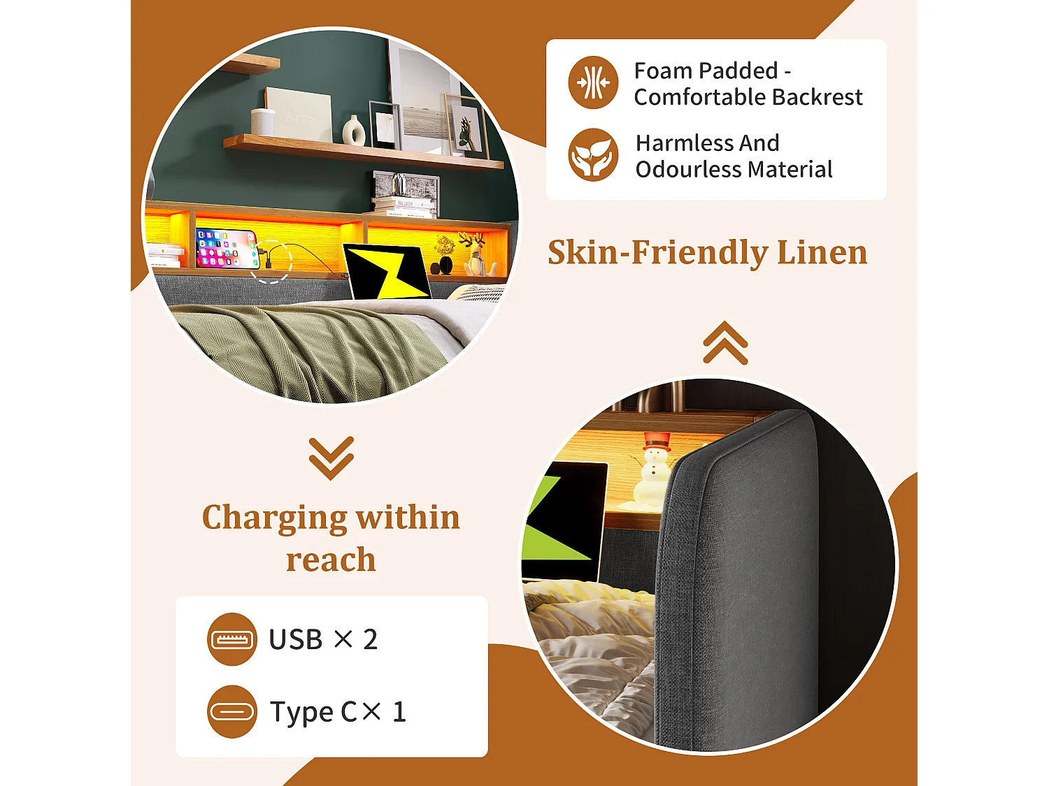 Łóżko z kanapą z 2 szufladami - tkanina lniana - 140x190 cm - z LED i funkcją ładowania - Szary