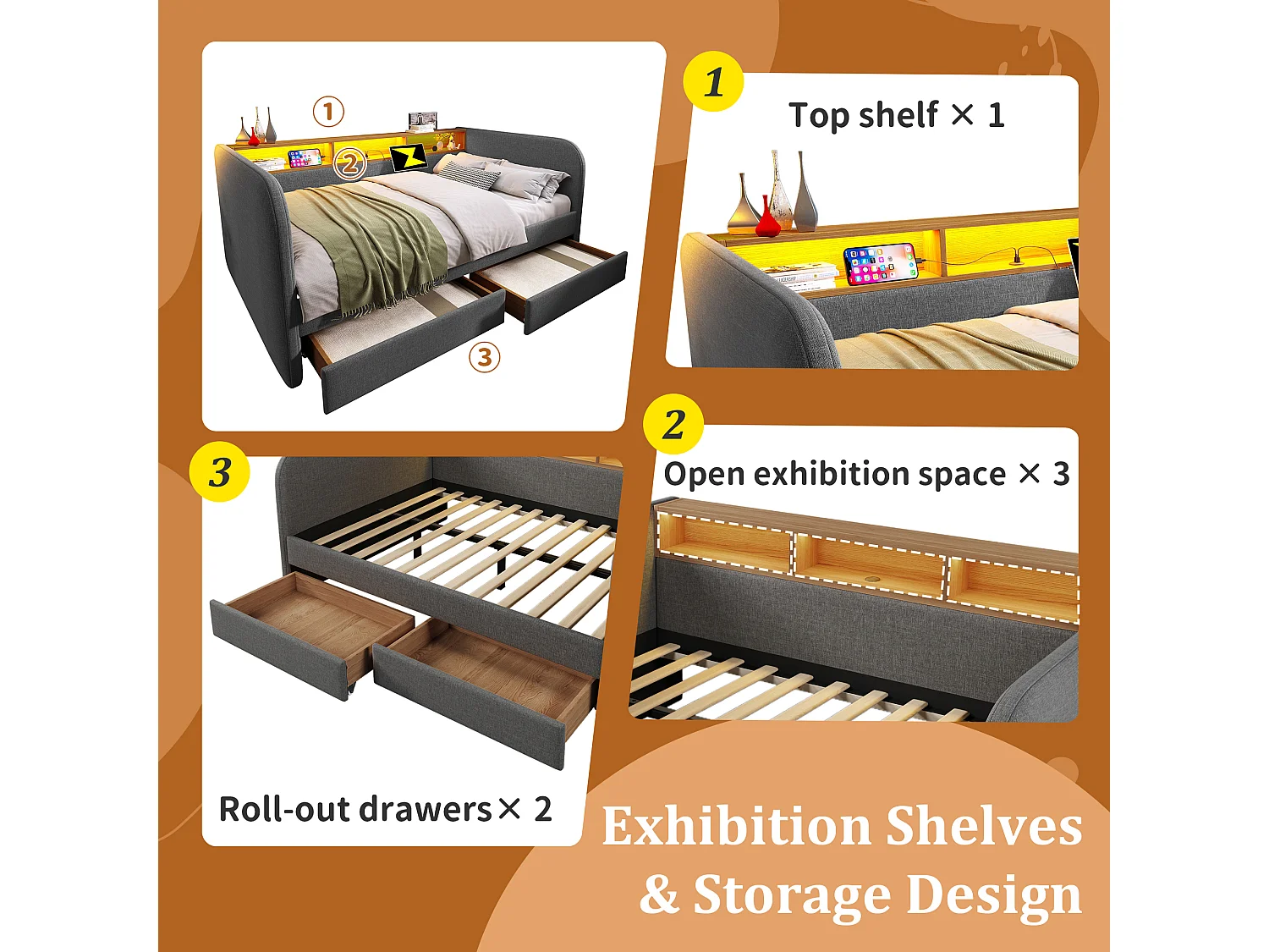 Łóżko z kanapą z 2 szufladami - tkanina lniana - 140x190 cm - z LED i funkcją ładowania - Szary