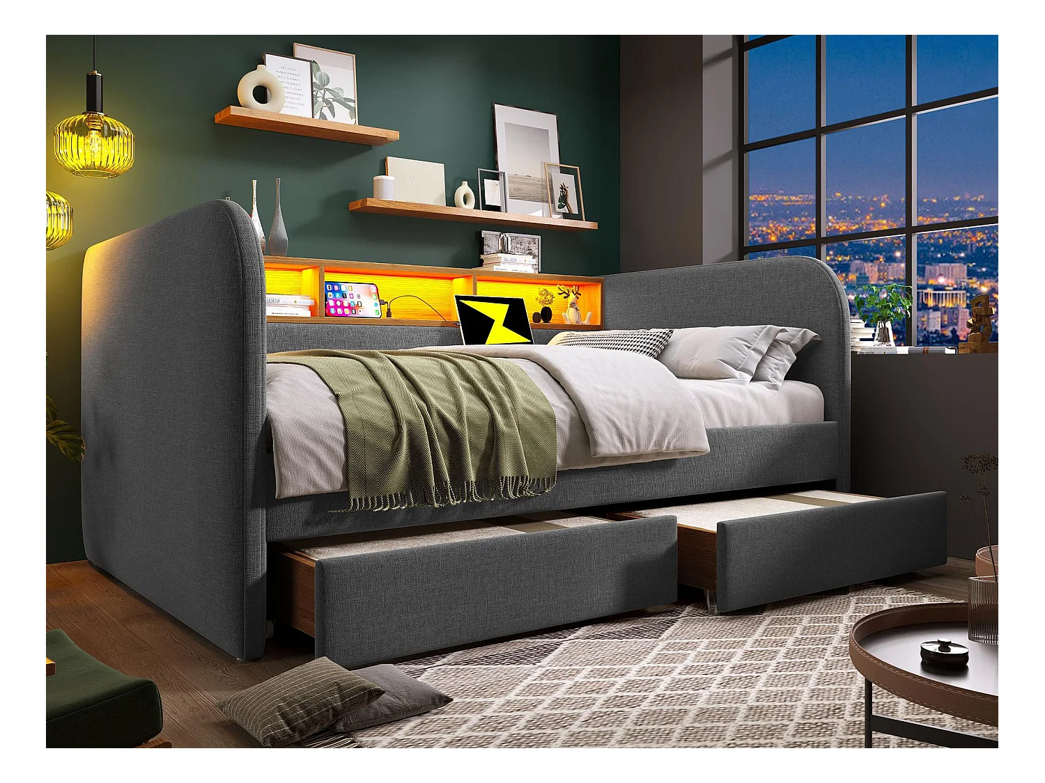 Daybed bed met 2 lades - linnen stof - 140x190 cm - met LED en oplaadfunctie - Grijs