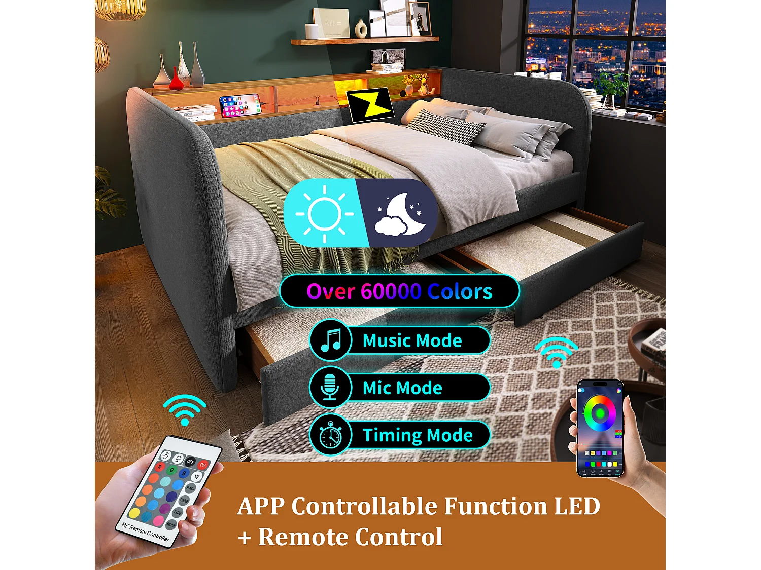 Lit banquette avec 2 tiroirs - tissu en lin - 140x190 cm - avec LED et fonction de recharge - Gris