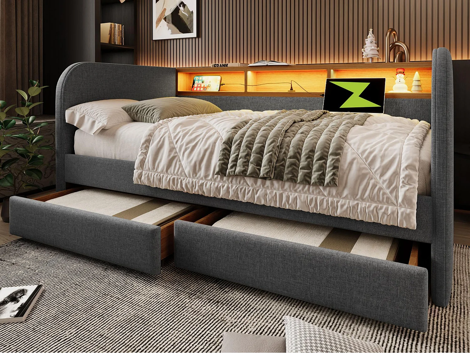 Lit banquette avec 2 tiroirs - tissu en lin - 140x190 cm - avec LED et fonction de recharge - Gris