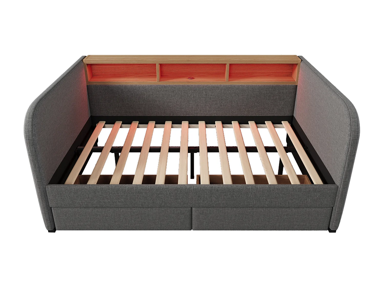 Lit banquette avec 2 tiroirs - tissu en lin - 140x190 cm - avec LED et fonction de recharge - Gris