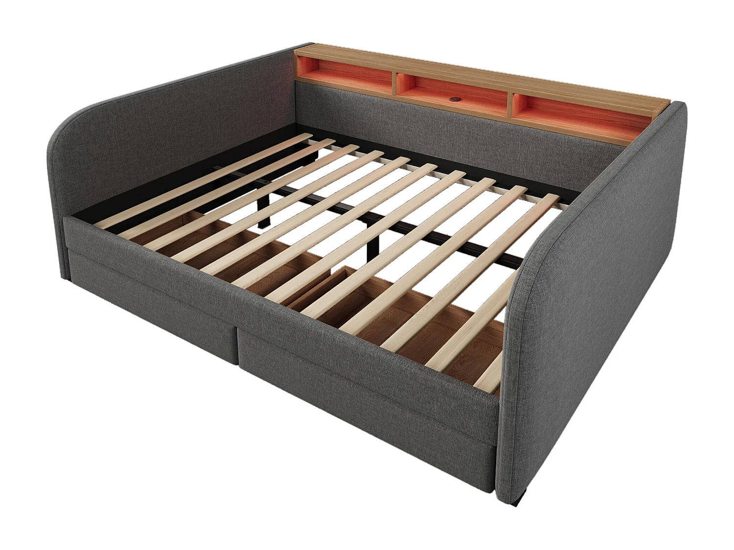 Lit banquette avec 2 tiroirs - tissu en lin - 140x190 cm - avec LED et fonction de recharge - Gris