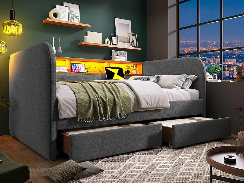 Lit banquette avec 2 tiroirs - tissu en lin - 140x190 cm - avec LED et fonction de recharge - Gris