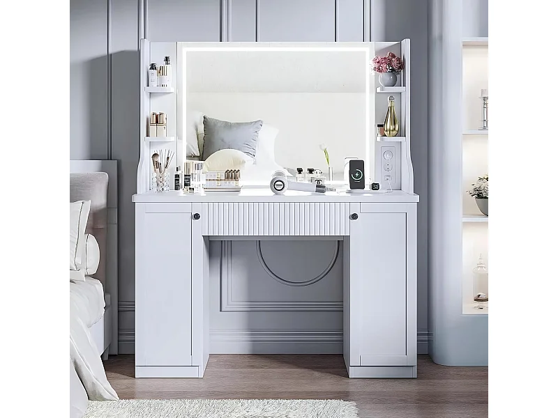 Dimpler met verstelbare LED -lichtspiegel, stroomuitlaat+USB -poorten, wit, 110x40x138cm