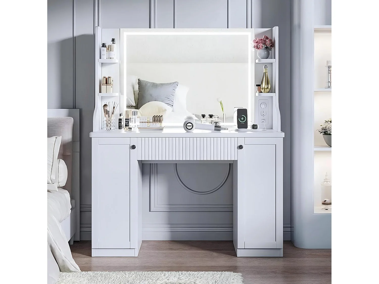 Coiffeuse avec Miroir à Lumières LED Réglables, Prise de Courant+USB Ports, Blanc,110x40x138cm