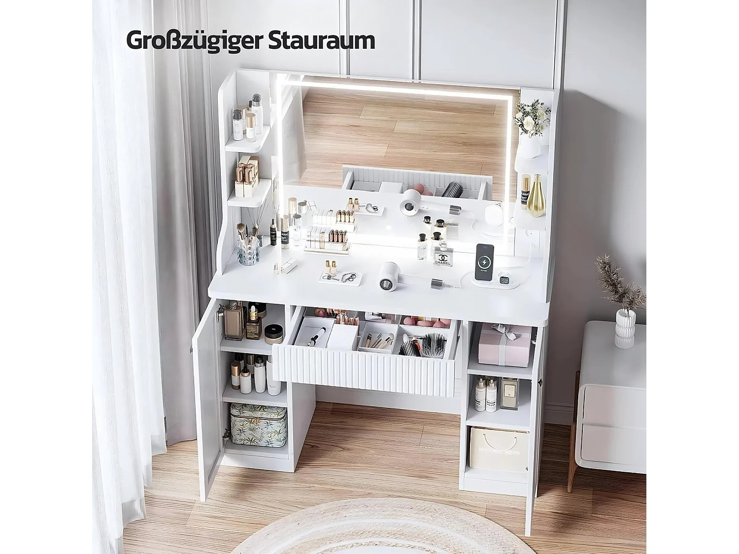 Coiffeuse avec Miroir à Lumières LED Réglables, Prise de Courant+USB Ports, Blanc,110x40x138cm