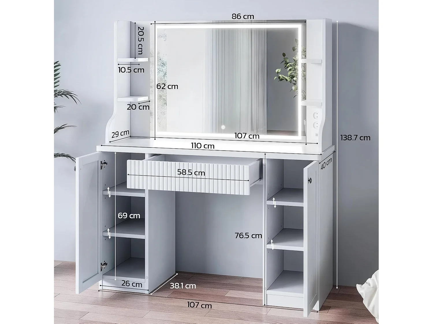 Coiffeuse avec Miroir à Lumières LED Réglables, Prise de Courant+USB Ports, Blanc,110x40x138cm