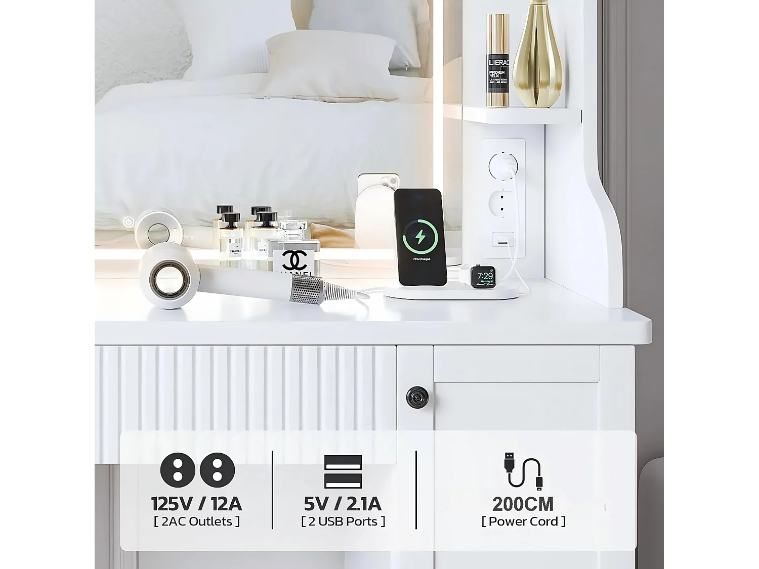 Coiffeuse avec Miroir à Lumières LED Réglables, Prise de Courant+USB Ports, Blanc,110x40x138cm