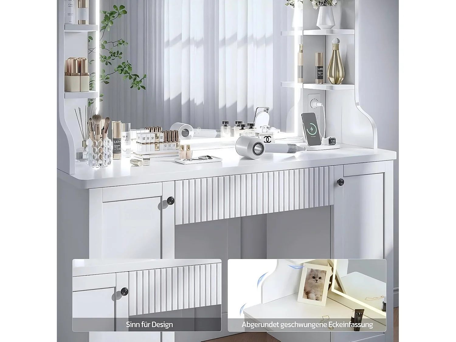 Coiffeuse avec Miroir à Lumières LED Réglables, Prise de Courant+USB Ports, Blanc,110x40x138cm