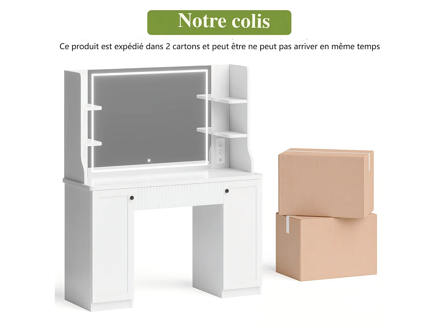 Coiffeuse avec Miroir à Lumières LED Réglables, Prise de Courant+USB Ports, Blanc,110x40x138cm