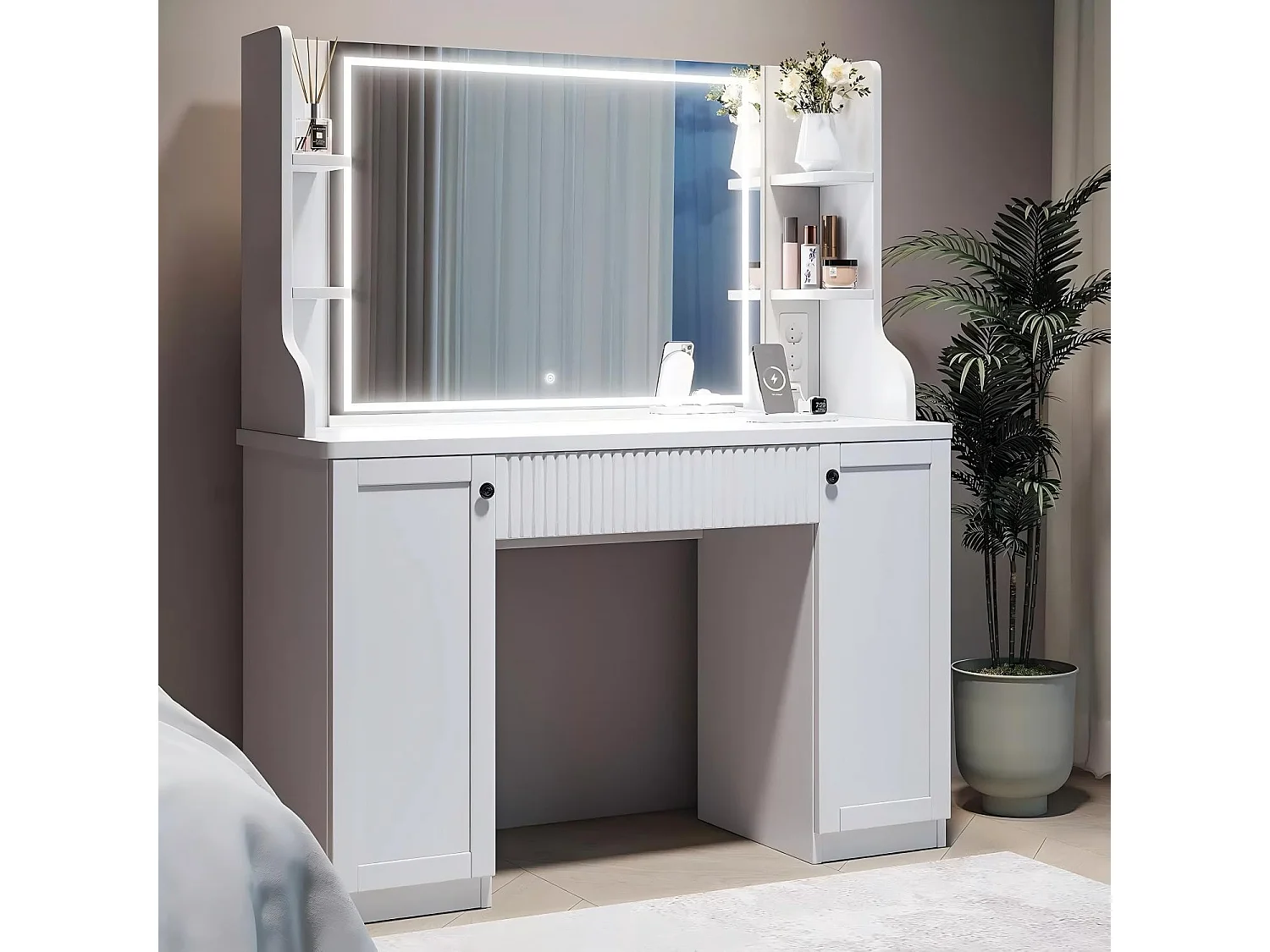 Coiffeuse avec Miroir à Lumières LED Réglables, Prise de Courant+USB Ports, Blanc,110x40x138cm