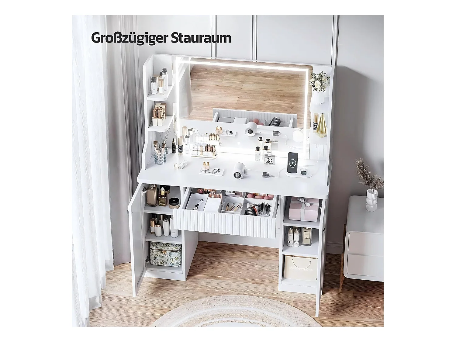 Dimpler met verstelbare LED -lichtspiegel, stroomuitlaat+USB -poorten, wit, 110x40x138cm