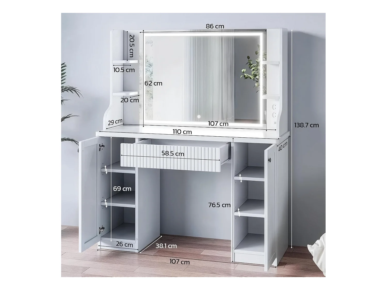 Dimpler met verstelbare LED -lichtspiegel, stroomuitlaat+USB -poorten, wit, 110x40x138cm