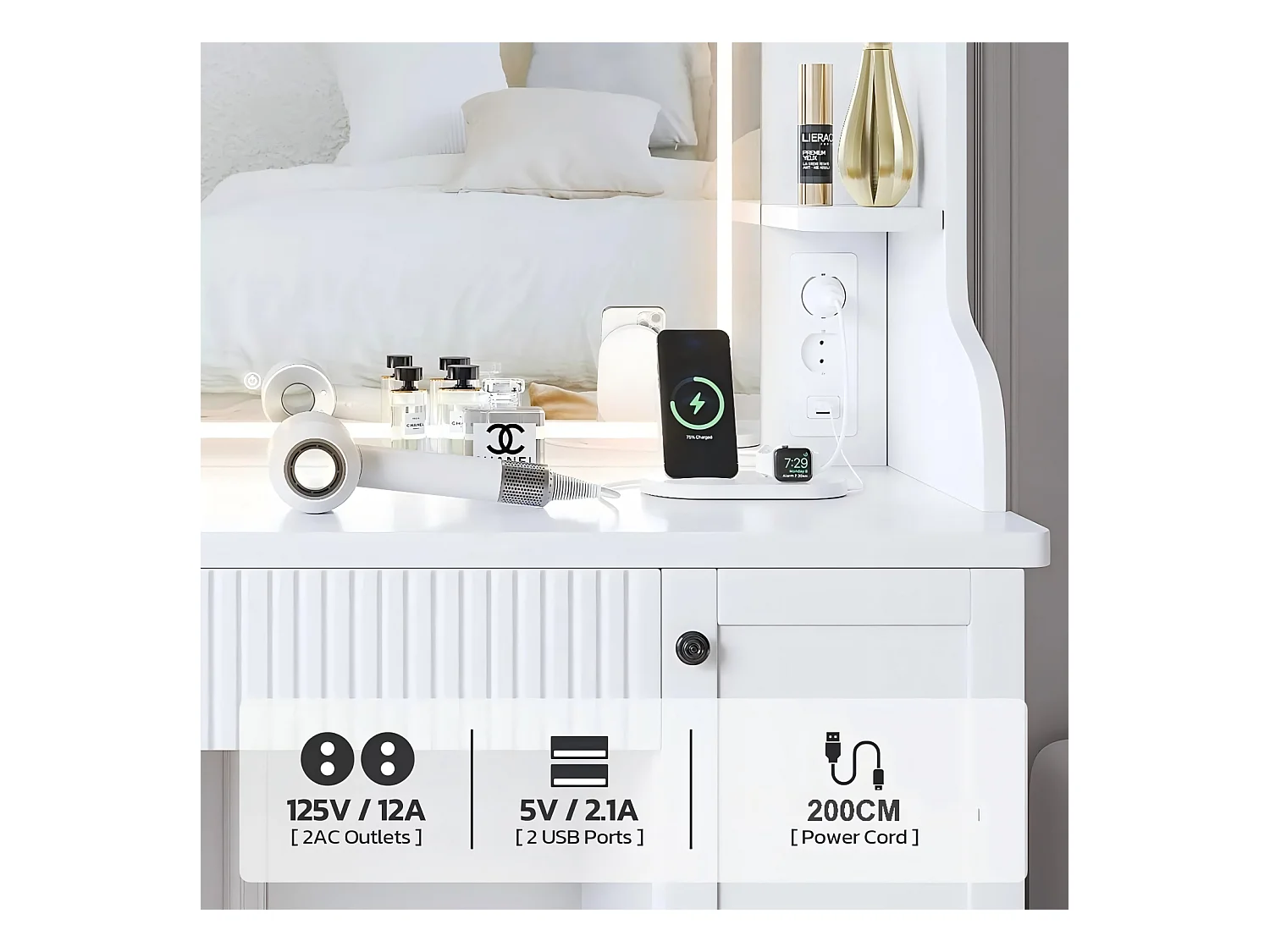 Dimpler met verstelbare LED -lichtspiegel, stroomuitlaat+USB -poorten, wit, 110x40x138cm