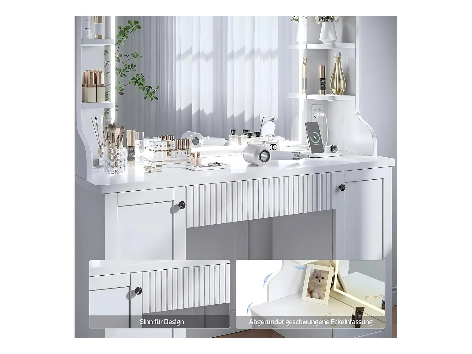 Dimpler met verstelbare LED -lichtspiegel, stroomuitlaat+USB -poorten, wit, 110x40x138cm