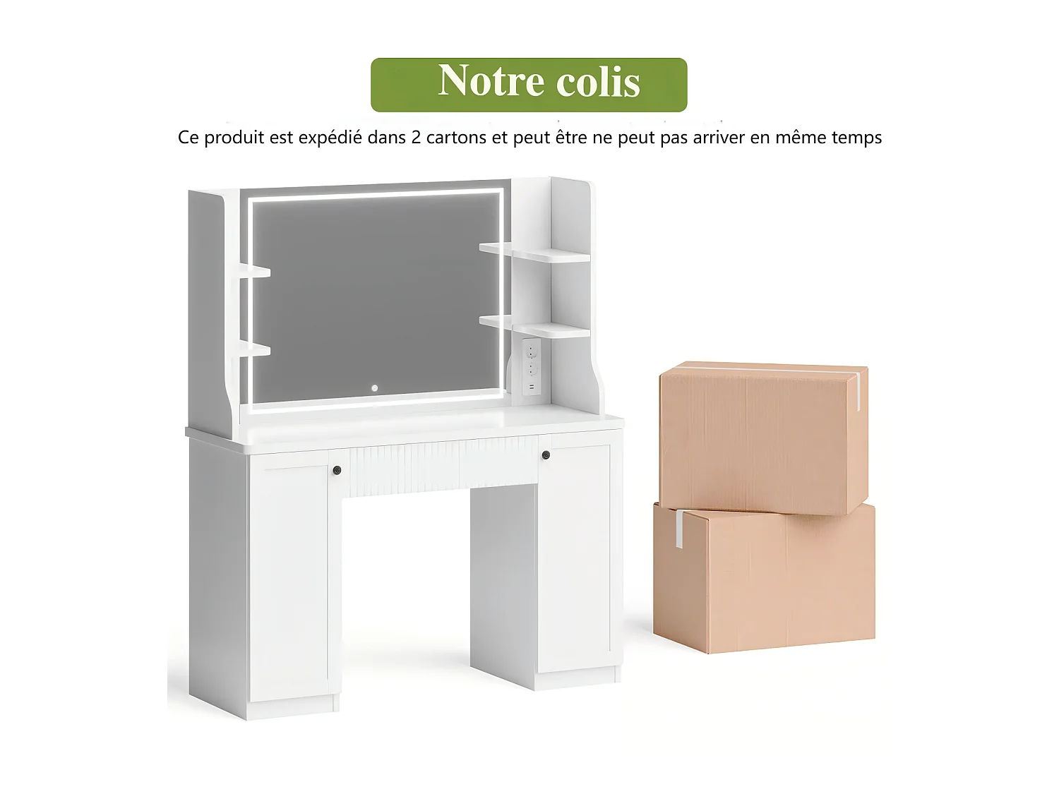 Dimpler met verstelbare LED -lichtspiegel, stroomuitlaat+USB -poorten, wit, 110x40x138cm