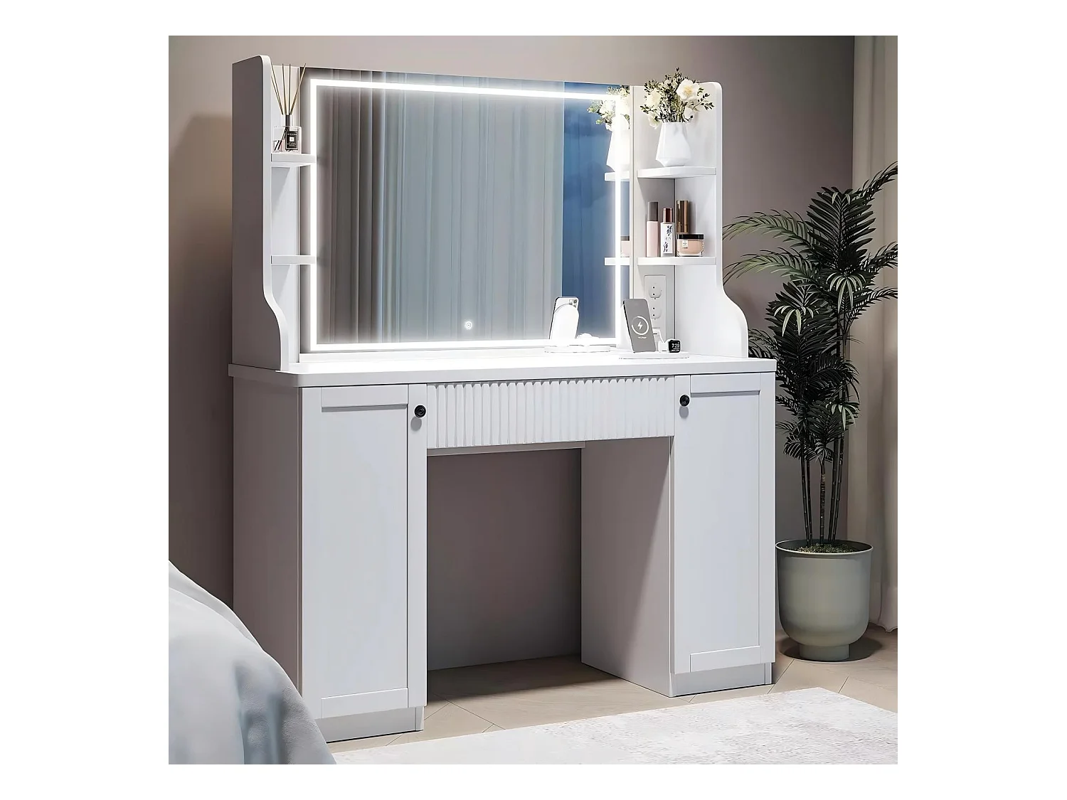 Dimpler met verstelbare LED -lichtspiegel, stroomuitlaat+USB -poorten, wit, 110x40x138cm