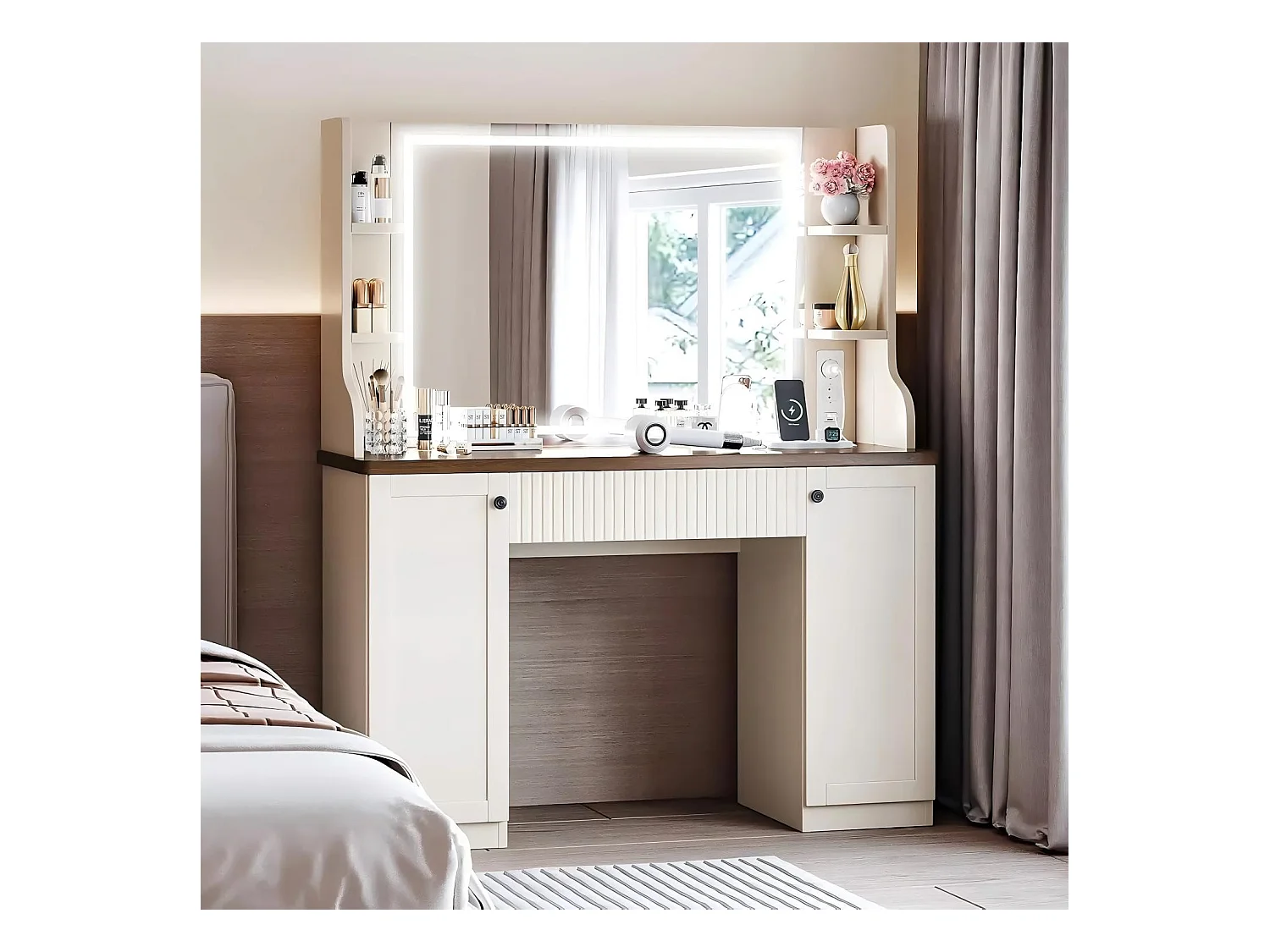 Coiffeuse avec Miroir à Lumières LED Réglables, 2 Portes,1 Tiroir, Prise de Courant+USB Ports, Marron,110x40x138cm