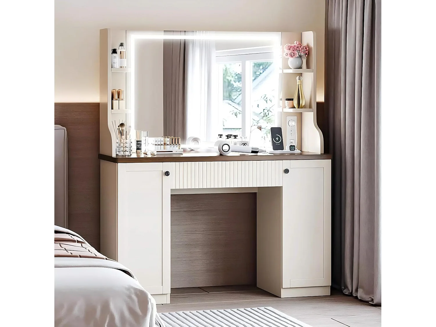 Kaptafel met witte LED - 110X40X138,5cm - met spiegel en opbergplanken - Beige en bruin