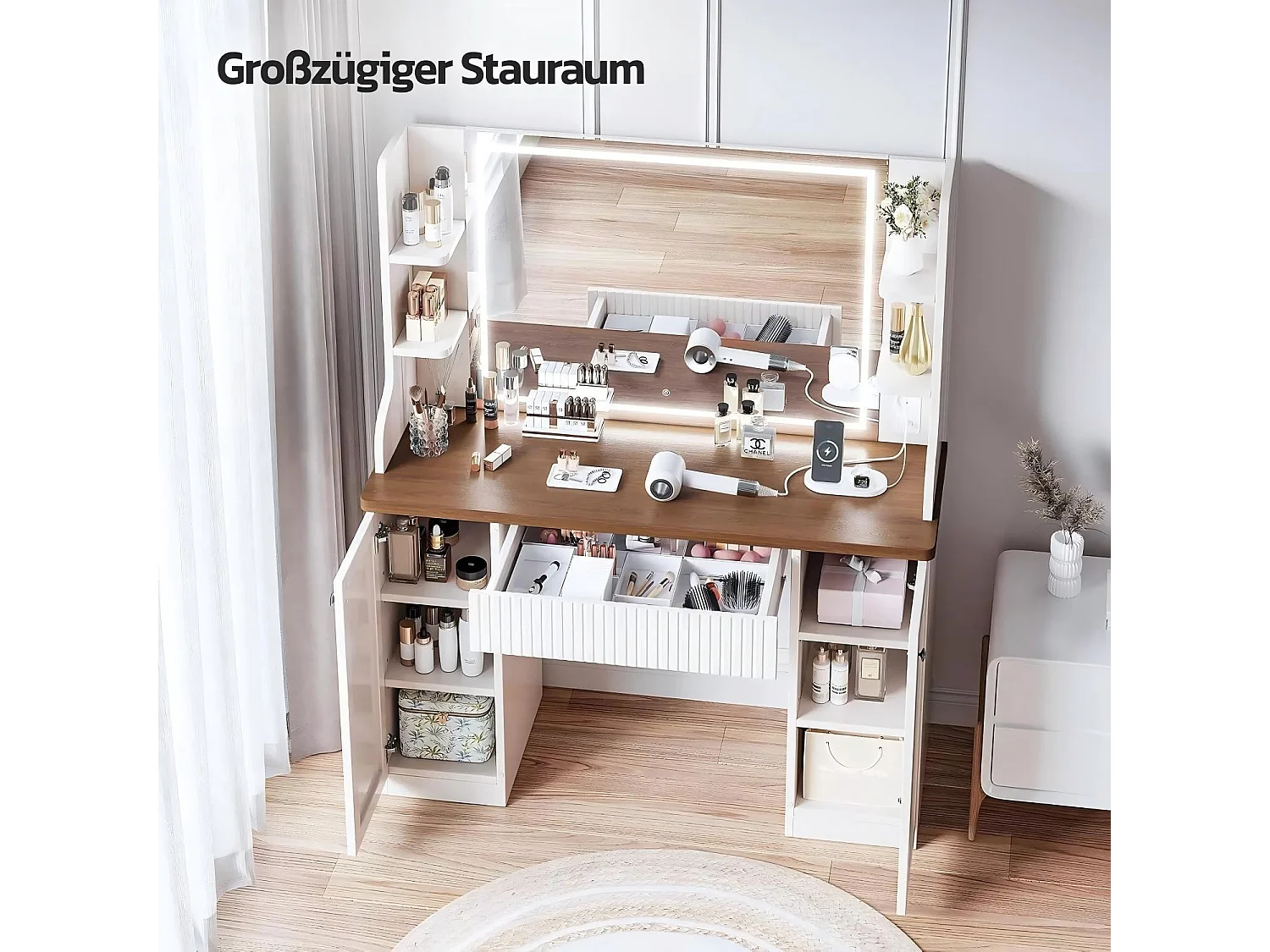 Kaptafel met witte LED - 110X40X138,5cm - met spiegel en opbergplanken - Beige en bruin