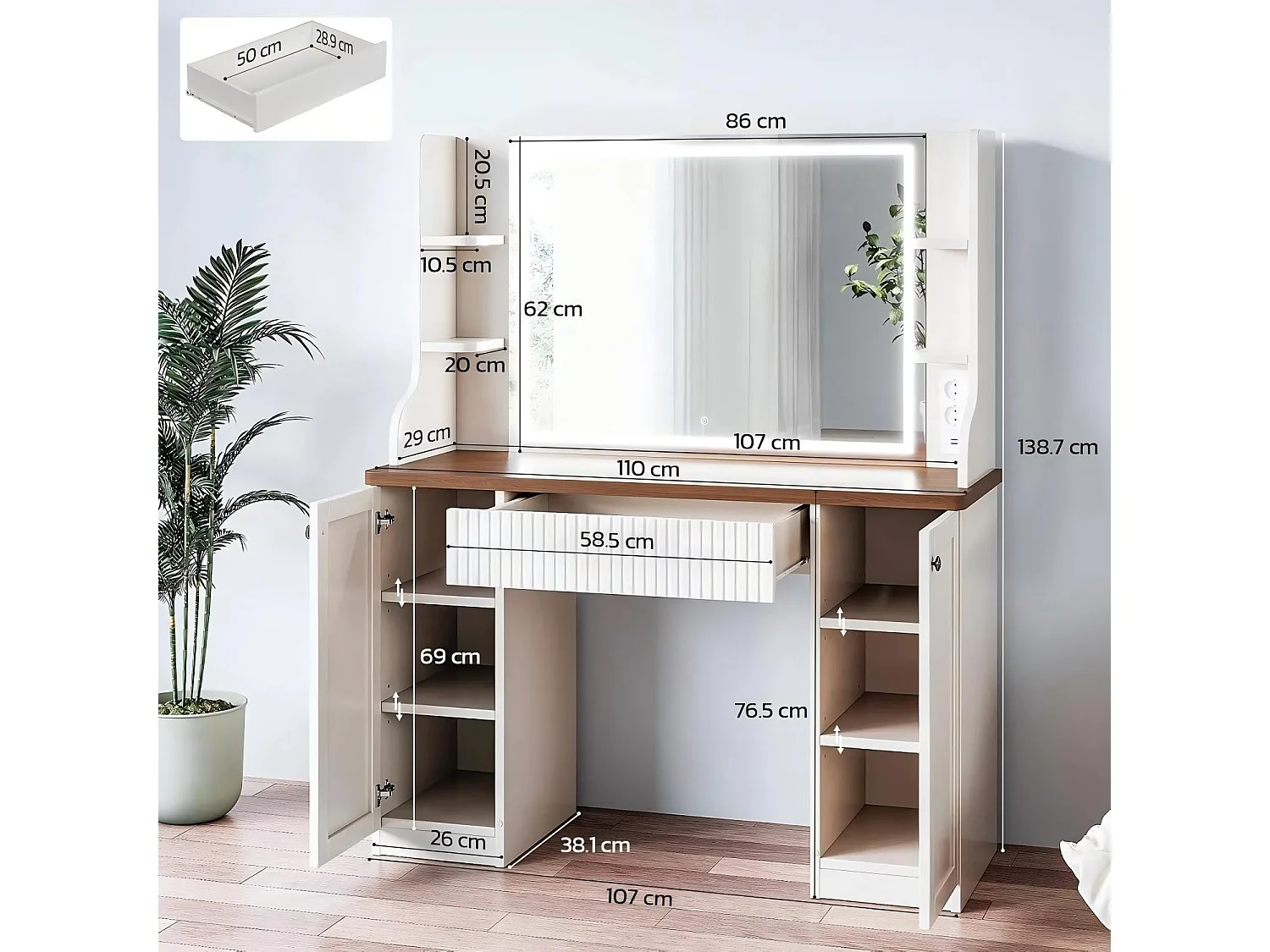 Kaptafel met witte LED - 110X40X138,5cm - met spiegel en opbergplanken - Beige en bruin