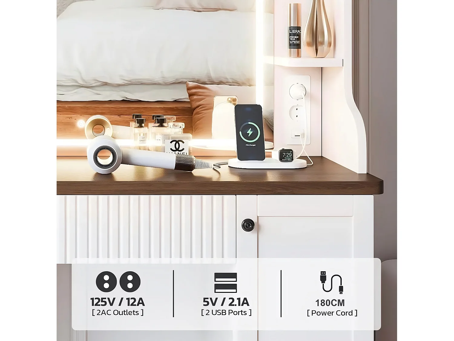 Kaptafel met witte LED - 110X40X138,5cm - met spiegel en opbergplanken - Beige en bruin