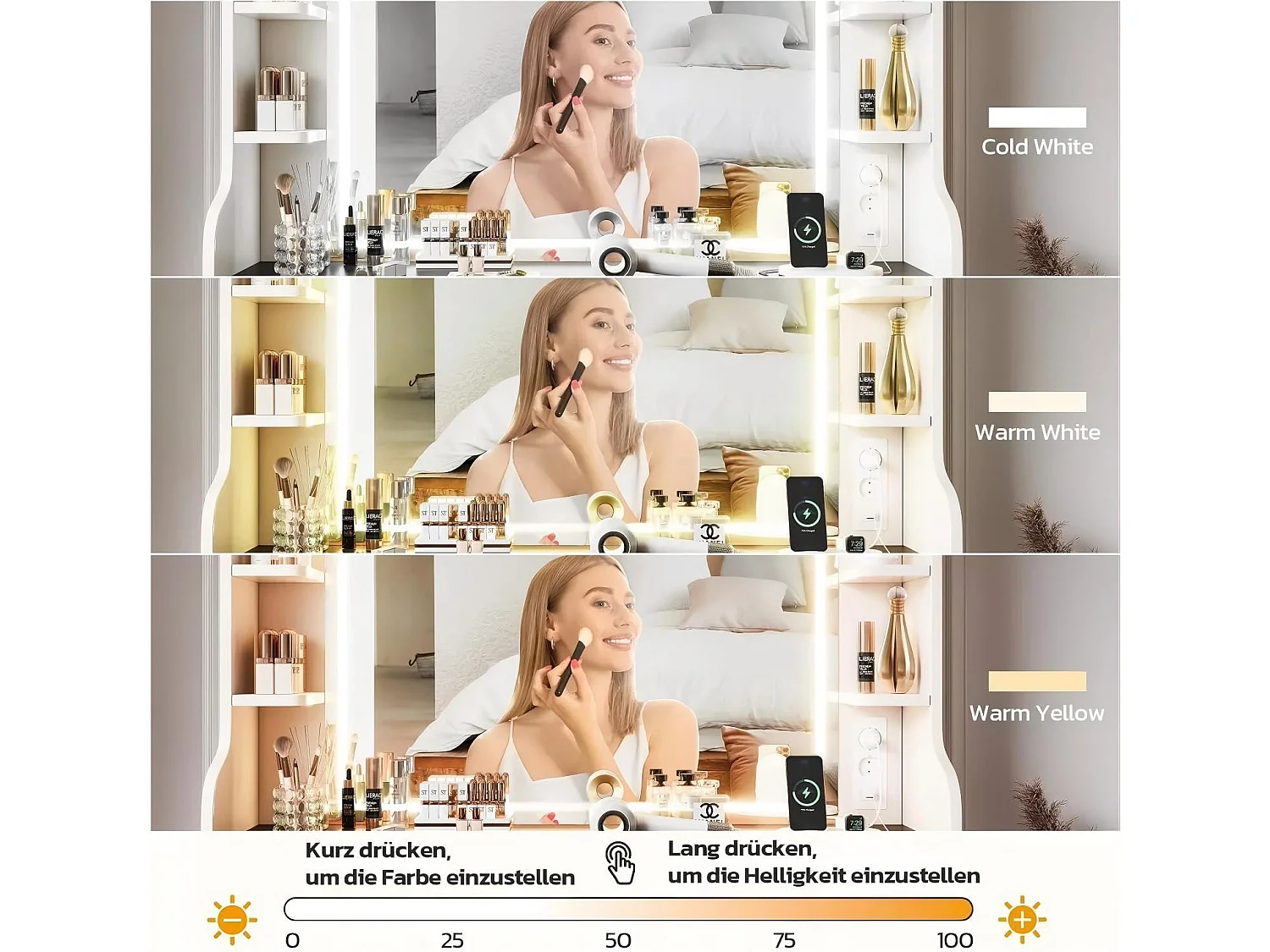 Kaptafel met witte LED - 110X40X138,5cm - met spiegel en opbergplanken - Beige en bruin