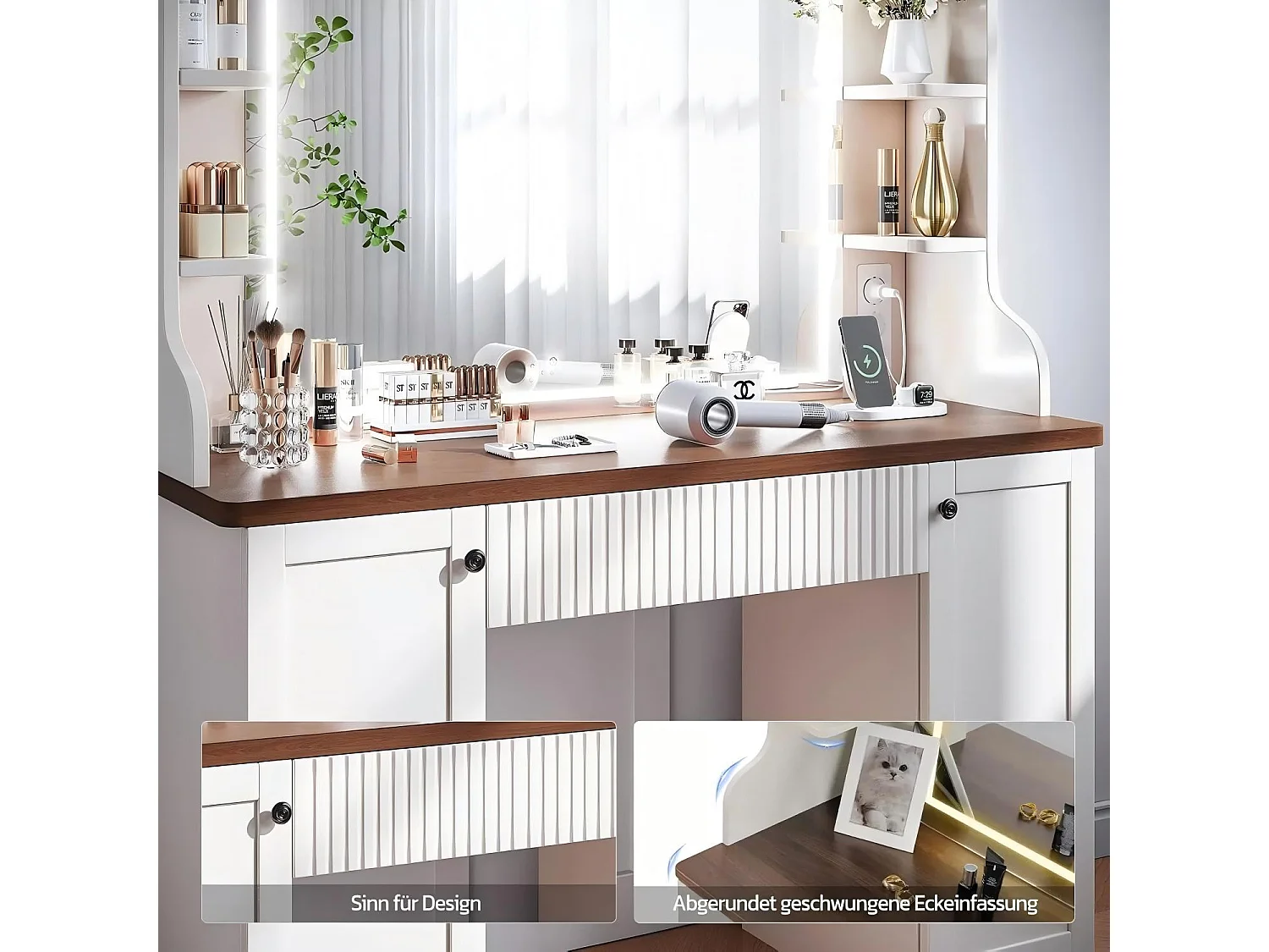 Kaptafel met witte LED - 110X40X138,5cm - met spiegel en opbergplanken - Beige en bruin