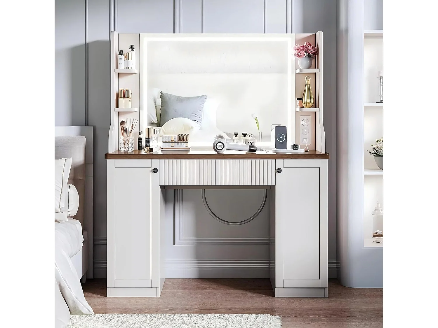 Kaptafel met witte LED - 110X40X138,5cm - met spiegel en opbergplanken - Beige en bruin