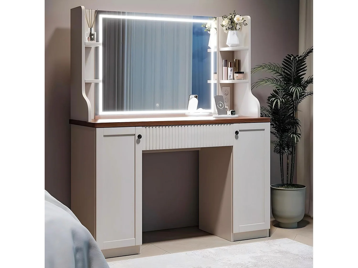 Kaptafel met witte LED - 110X40X138,5cm - met spiegel en opbergplanken - Beige en bruin