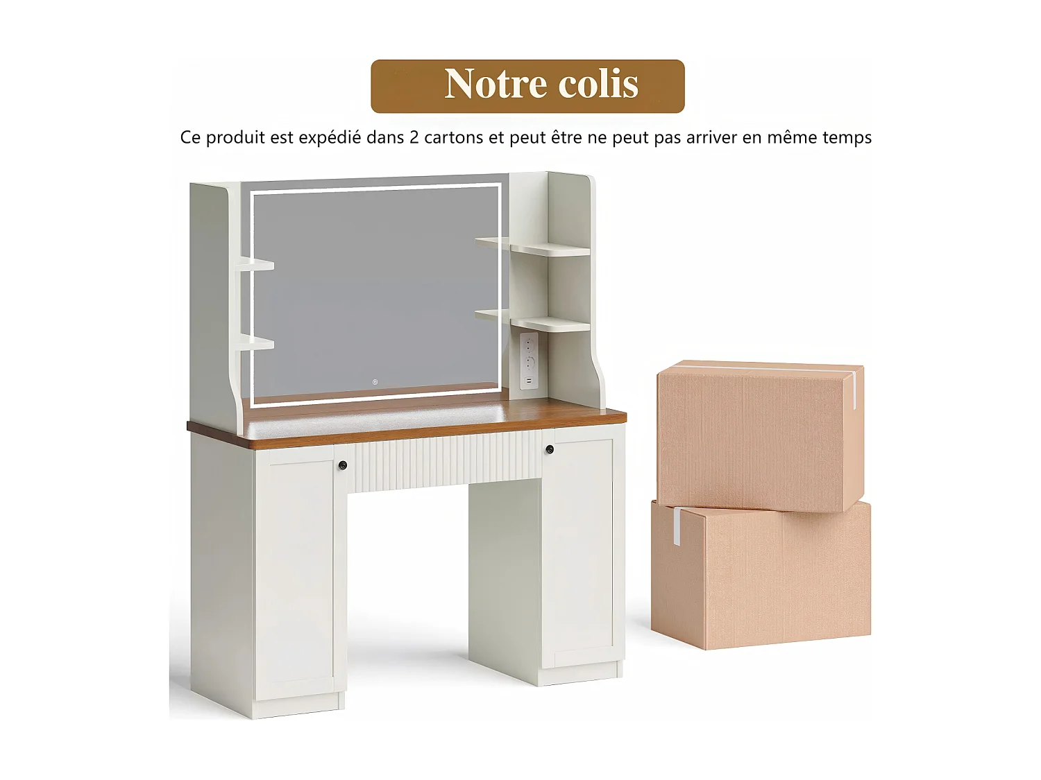 Kaptafel met witte LED - 110X40X138,5cm - met spiegel en opbergplanken - Beige en bruin