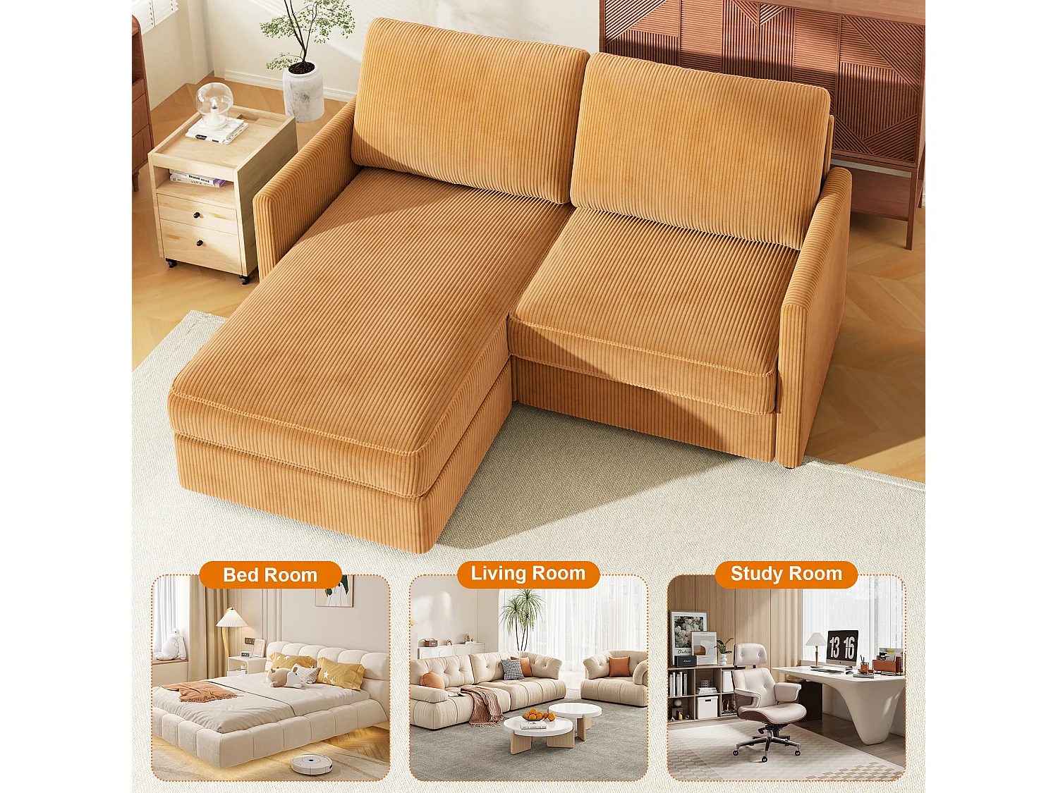 Divano angolare 2 posti - Angolo destro / sinistro reversibile - 180x140x86cm - in tessuto in velluto a coste - carico massimo da 300 kg - Mustardo