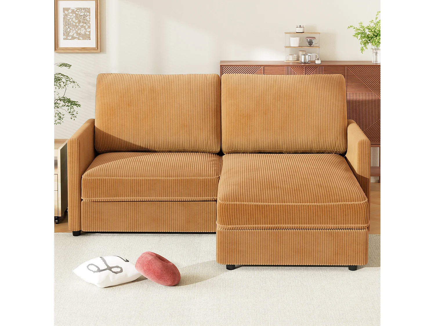 Divano angolare 2 posti - Angolo destro / sinistro reversibile - 180x140x86cm - in tessuto in velluto a coste - carico massimo da 300 kg - Mustardo