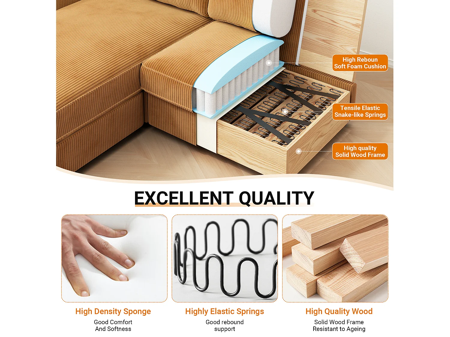 Divano angolare 2 posti - Angolo destro / sinistro reversibile - 180x140x86cm - in tessuto in velluto a coste - carico massimo da 300 kg - Mustardo