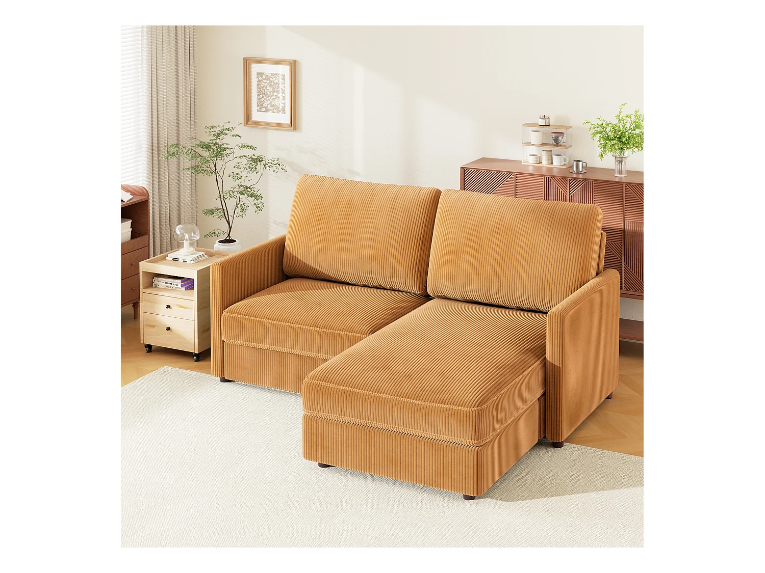 Sofá de esquina de 2 salas - ángulo reversible derecho / izquierda - 180x140x86cm - en tela de terciopelo acanalado - carga máxima de 300 kg - amarillo mostaza