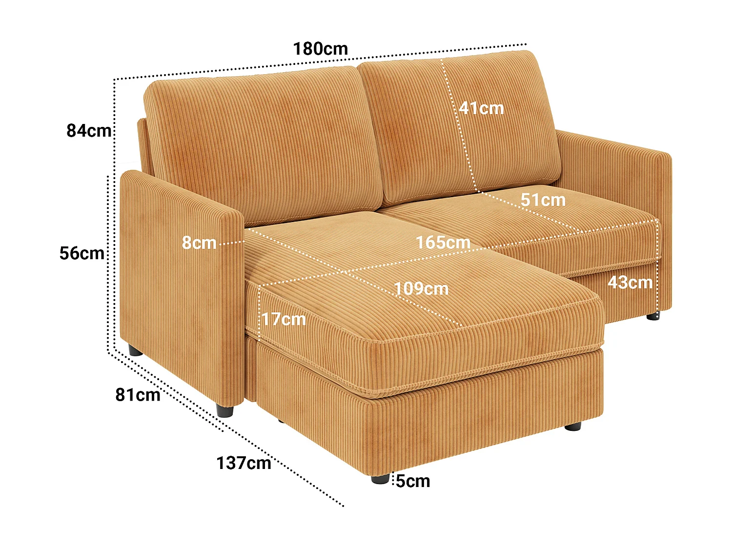 2 -Zaterdaghoek Bank - Omkeerbare rechts / linkerhoek - 180x140x86cm - In geribbelde fluwelen stof - Max 300kg Laad - Mosterd geel