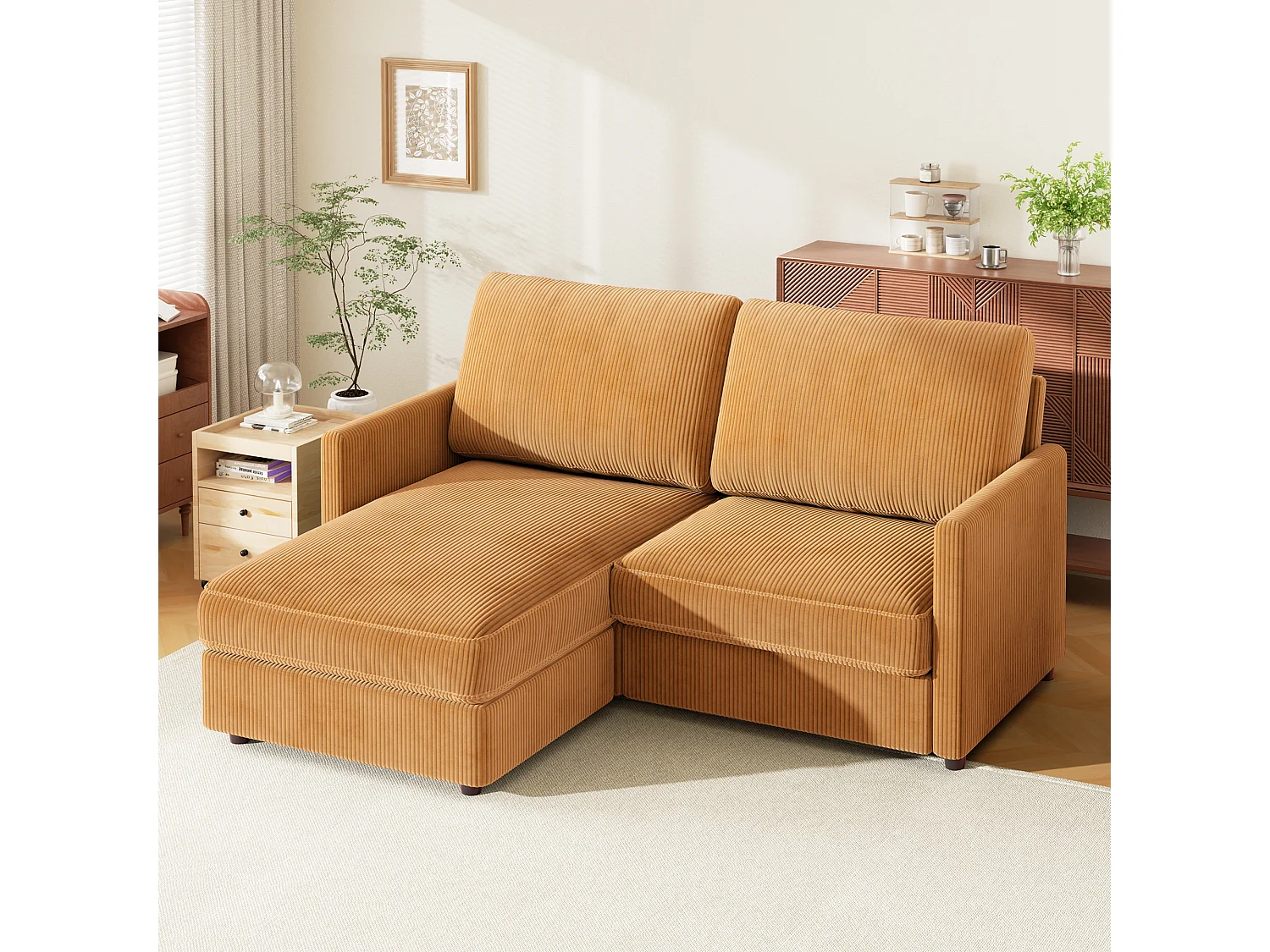 2 -Zaterdaghoek Bank - Omkeerbare rechts / linkerhoek - 180x140x86cm - In geribbelde fluwelen stof - Max 300kg Laad - Mosterd geel