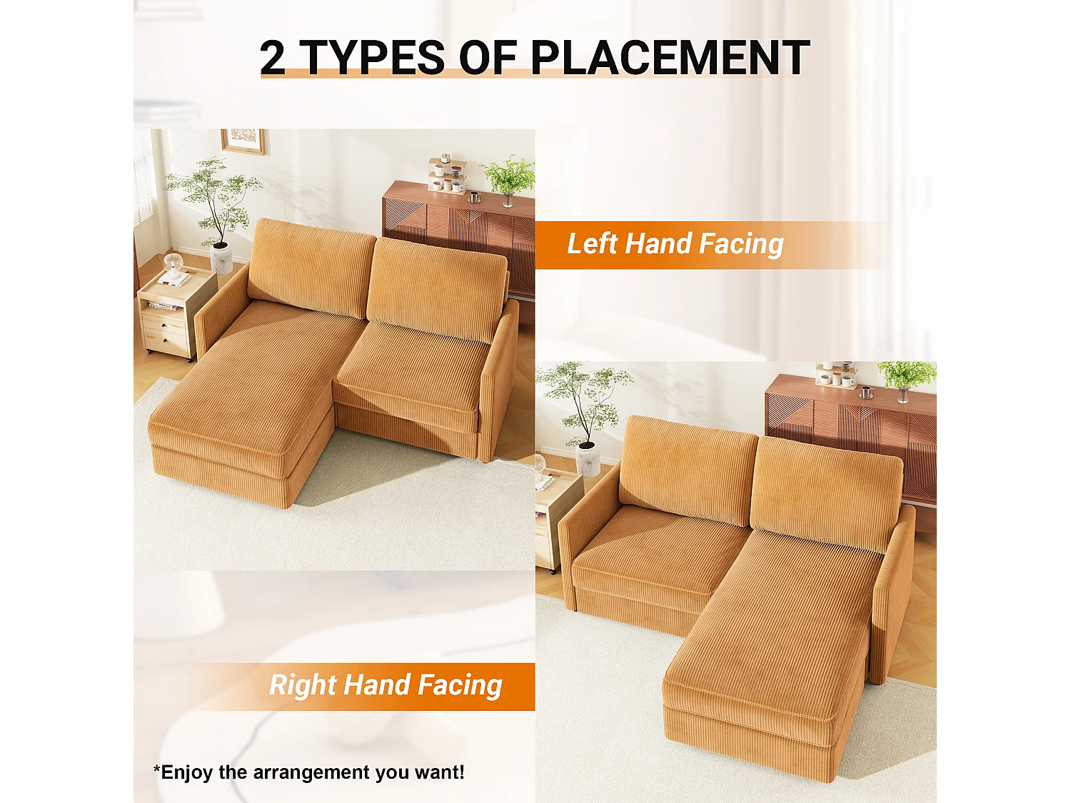 Canapé d'angle 2 places - angle droit / gauche réversible - 180x140x86cm - en Tissu Velours côtelé - Charge max 300kg - Jaune moutarde