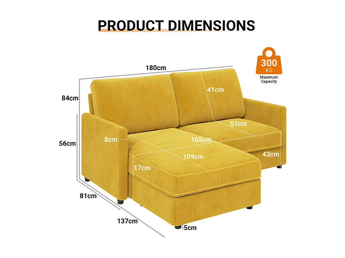 2 -Ser Ecksofa - Reversible Right / Linkswinkel - 180 x 140 x 86 cm - in geripptem Samtstoff - max. 300 kg Last - Senfgelb
