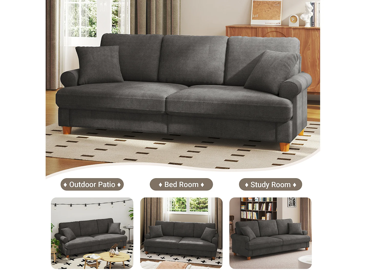 Divano comfort da 3 secondi, tessuto di bruco, con braccioli, cuscini e 2 cuscini, carico massimo 365 kg - 220x76x86 cm