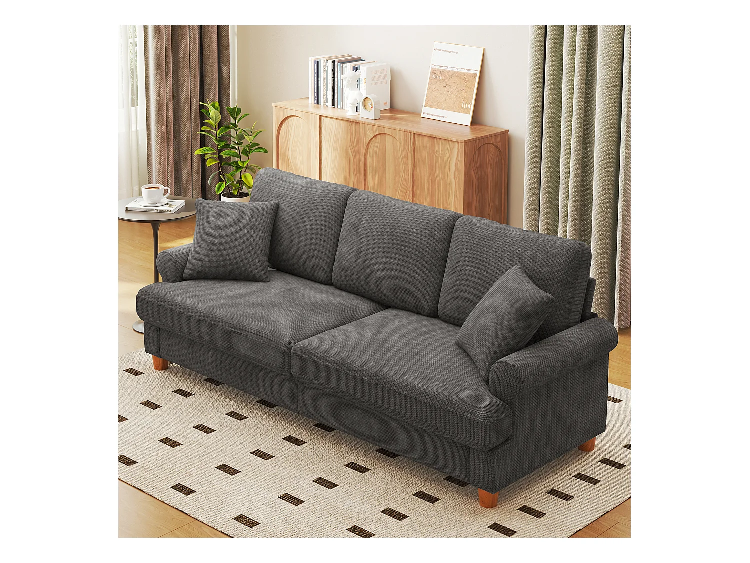 Sofá de comodidad de 3 salones, tela de oruga, con reposabrazos, cojines y 2 almohadas, carga máxima 365 kg - 220x76x86 cm