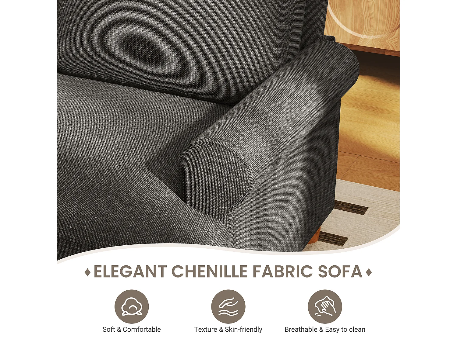 3-zits slaapbank, Chenille-stof, met armleuningen, kussens en 2 kussens, Max. belasting 300 kg - 220x76x86 cm